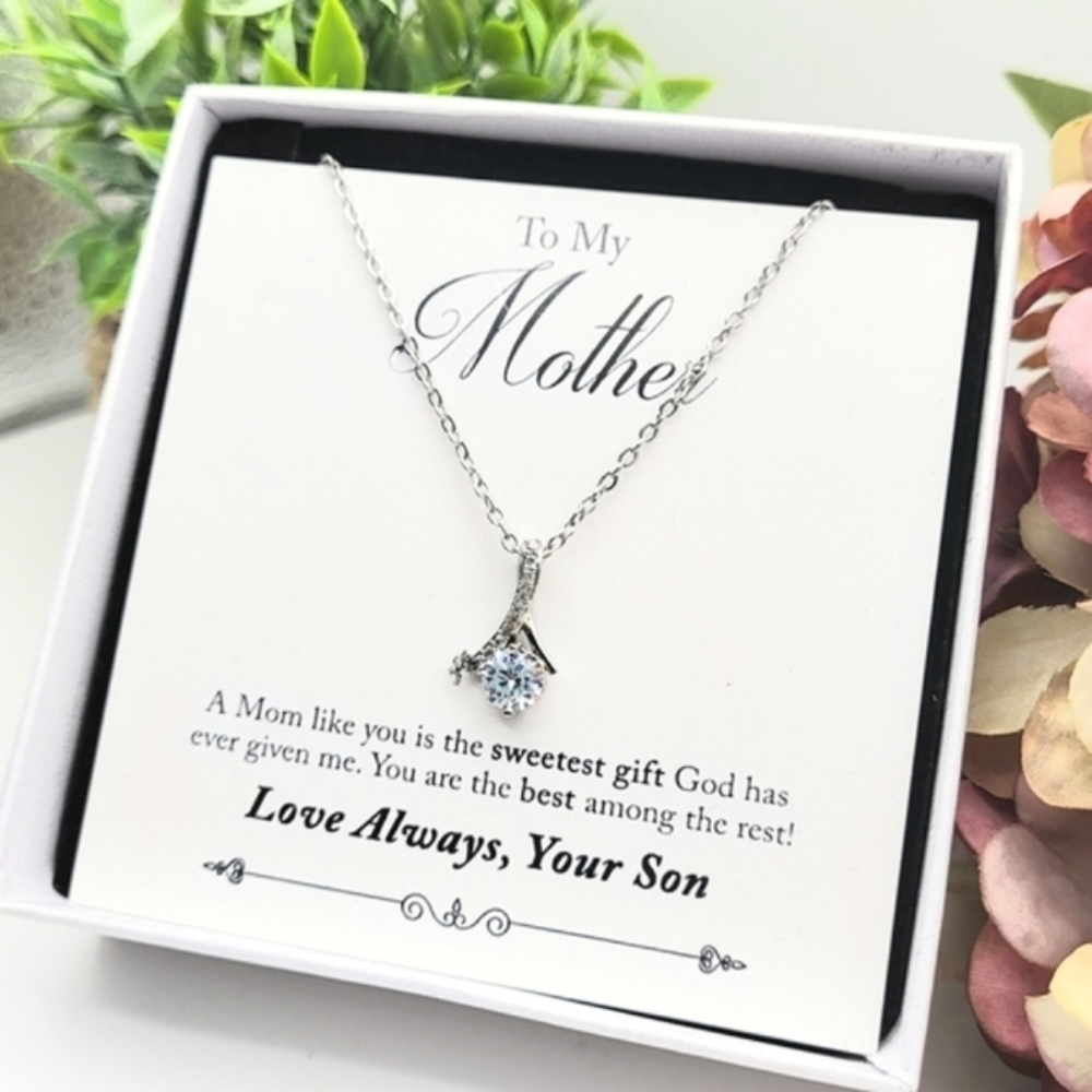Silver ribbon pendant necklace in gift box, simulated diamond, To Mom from Son